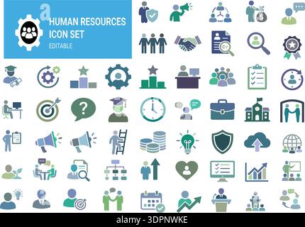 Icônes plates des ressources humaines ensemble de vecteurs modifiables, recrutement, embauche, CV, entrevue et symboles de gestion des RH Illustration de Vecteur