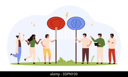 Les gens choisissent entre les émotions cardiaques et la pensée cérébrale logique, le concept de prise de décision, l'intelligence émotionnelle, le travail d'équipe et la psychologie, isolés sur fond blanc illustration vectorielle Illustration de Vecteur