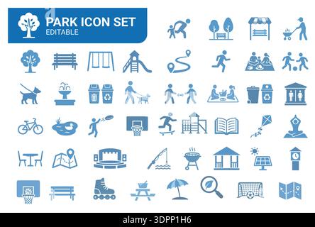 Ensemble d'icônes de parc et de loisirs en plein air – terrain de jeu modifiable, nature, pique-nique et collection vectorielle de parc public Illustration de Vecteur
