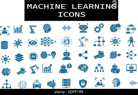 Jeu d'icônes plat d'apprentissage automatique et d'intelligence artificielle - IA modifiable, réseau neuronal, robotique et collection de vecteurs de science des données Illustration de Vecteur