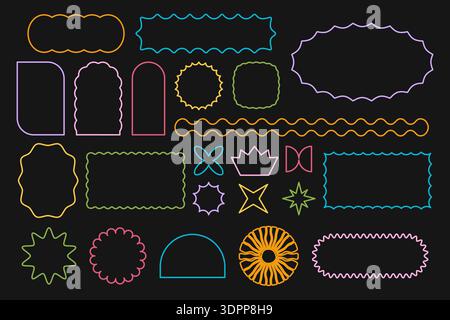 Ensemble d'icônes colorées d'étoile et de soleil, d'arc et de rectangle, d'ovale et de cercle avec des bords festonnés sur fond noir. Formes mignonnes simples avec des bordures ondulées. Bannières Web néon vides. Illustration vectorielle. Illustration de Vecteur
