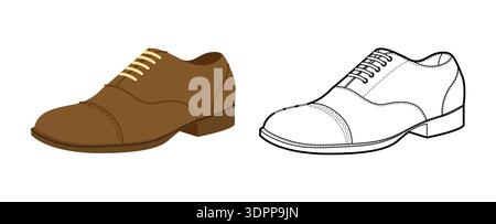 Chaussures Oxford marron plus Line. Illustration technique classique des chaussures en cuir à lacets fermés. Vectoriel plat CAD maquette esquisse femme unisexe contour de style d'affaires isolé sur fond blanc. Illustration de Vecteur