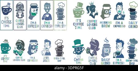 Coffret typographie et illustration de personnages pour amoureux du café : citations expresso, mouture quotidienne et collection vectorielle de café Illustration de Vecteur