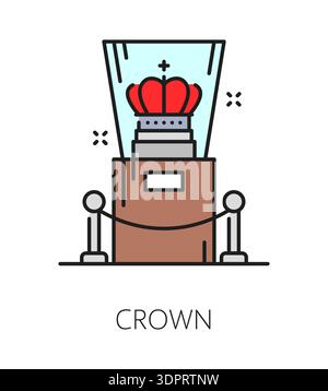 Galerie d'art de musée et icône de ligne de couleur d'exposition de la couronne royale sur l'affichage, pictogramme vectoriel. Le musée expose une icône représentant des symboles monarques et une couronne antique ou médiévale du Royaume sur le stand Illustration de Vecteur