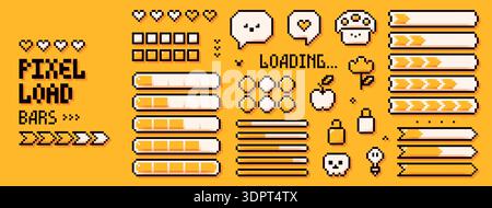 Jeu de pixels avec barres de chargement et éléments de jeu blancs. Illustration de Vecteur