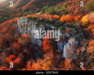 Vue aérienne par drone d'une falaise rocheuse par forêt d'automne colorée. Beau paysage d'automne avec des feuilles dorées, des textures naturelles et un colo saisonnier vibrant Banque D'Images