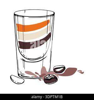 Cocktail vectoriel en couches B-52 avec garniture de grains de café dans des teintes beige et brune, remplissage plat propre, contour de verre tiré à l'encre dessiné à la main. Vecteur isolé Illustration de Vecteur