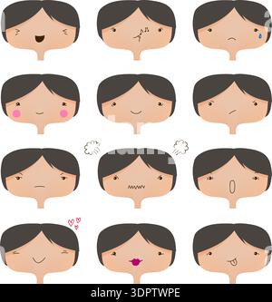 Ensemble vectoriel de visages mignons, collection d'humeurs différentes. Illustration de Vecteur
