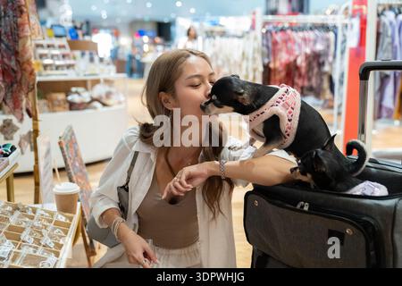 Femme avec deux chihuahuas shopping dans une boutique acceptant les animaux Banque D'Images