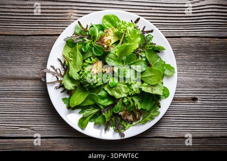 Feuilles de salade verte disposées sur une assiette blanche dans un style minimal. Légumes à feuilles fraîches sur surface rustique Banque D'Images