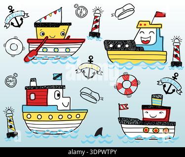 Ensemble de doodle dessiné à la main de navires de dessins animés colorés et de phares. Illustration de Vecteur
