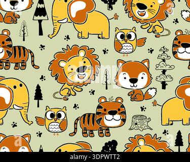 Modèle sans couture d'animaux et d'arbres forestiers de dessins animés mignons. Illustration de Vecteur