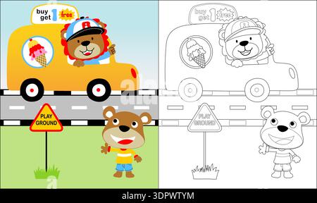 Lion conduisant un camion de crème glacée à l'aire de jeux pour enfants. Illustration de Vecteur