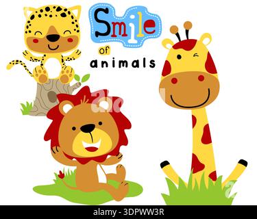 Dessin animé lion, girafe, et léopard souriant dans la jungle. Illustration de Vecteur