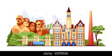 Mount Rushmore & Old Post Office - illustration de conception plate colorée Illustration de Vecteur