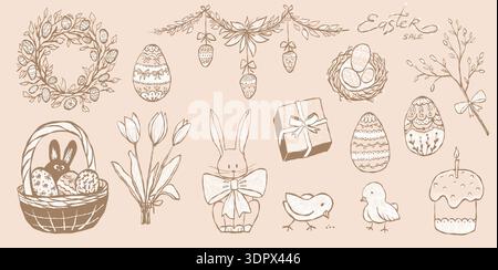 Ensemble de vecteur de Pâques vintage fantaisiste avec lapin, œufs, branches de saule et décor botanique Illustration de Vecteur