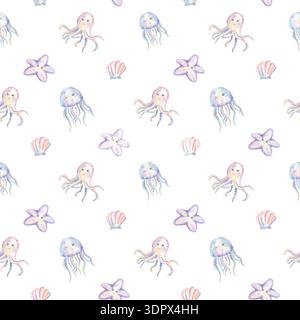 Aquarelle étoile de mer, poulpe, méduses et coquillages dans un motif sans couture. Clipart du monde océanique. Illustration dessinée à la main pour un design sous-marin o Banque D'Images
