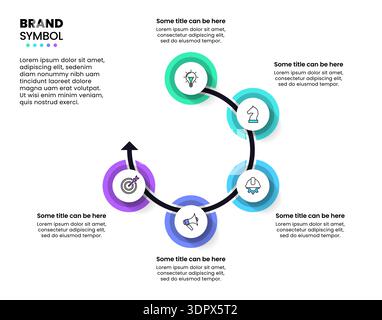 Modèle d'infographie avec icônes et 5 options ou étapes. Flèche circulaire. Peut être utilisé pour la mise en page de flux de travail, diagramme, bannière, webdesign. Illustration vectorielle Illustration de Vecteur