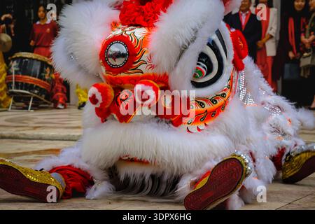 9 février 2024 - Lisbonne, Portugal : vue rapprochée du Lion Blanc reposant sur le trottoir de la place européenne historique en plein air dans le spectacle traditionnel chinois de danse du lion pour célébrer le nouvel an lunaire. La danse du lion apporte chance, fortune et prospérité aux spectateurs Banque D'Images