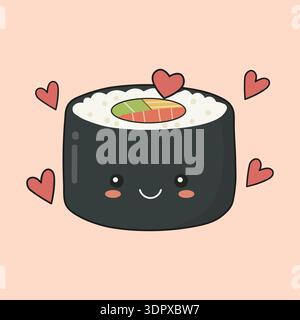 Personnage mignon Sushi Roll avec des coeurs rouges et un visage souriant Illustration de Vecteur