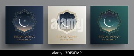 Modèles de carte Eid Al Adha Moubarak en arrière-plans doré de luxe, vert, bleu avec Eid Al Adha, Eid Moubarak. Design minimaliste moderne et élégant avec lit de lune a Illustration de Vecteur
