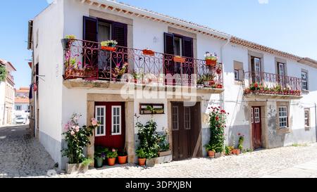 Maisons traditionnelles portugaises avec des pots de fleurs vibrants sur des balcons en fer forgé sur la rue Almeida, au Portugal, reflétant le cha architectural de la région Banque D'Images