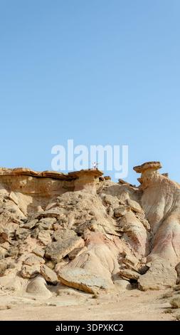 Un homme se dresse triomphalement sur le sommet accidenté de Cabezo de las Cortinillas, surplombant la pittoresque région de Blanca Baja dans la magnifique Bardenas Rea Banque D'Images
