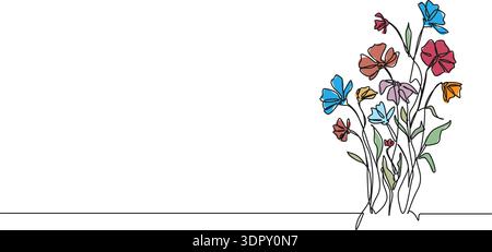 dessin en ligne continue de fleurs sauvages colorées, illustration vectorielle d'art au trait Illustration de Vecteur