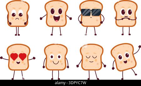 Toast personnages. Tranche de pain drôle avec différentes émotions. Personnage de nourriture de dessin animé mignon, mascotte d'enfants. Snack amoureux, surpris, nerveux, sapide Illustration de Vecteur