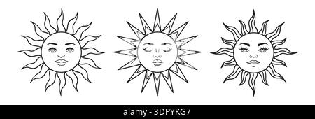 Visage de soleil mystique avec des rayons célestes dans le style boho vintage. Illustration vectorielle d'art de ligne parfaite pour les dessins de tatouage ésotériques, les cartes de tarot et les graphiques sur le thème de l'astrologie. Illustration de Vecteur