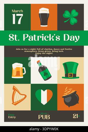 Modèle d'affiche de célébration de la fête de Patrick avec des symboles irlandais traditionnels comprenant une tasse de bière, un trèfle, un chapeau de leprechaun, une harpe et un pot d'or dans un style plat. Graphiques vectoriels. Illustration de Vecteur