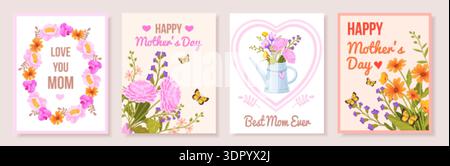 Cartes de jour pour maman. Conception de modèle de carte de voeux de fête des mères, fleurs de printemps bouquet fleur de fleur joyeuse mère cadeau d'anniversaire de carte postale florale ensemble de typographie, illustration vectorielle soignée illustration originale Illustration de Vecteur