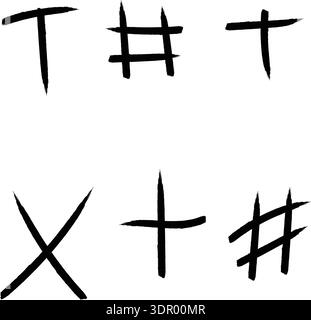 Cette image montre une collection minimaliste de six symboles dessinés à la main disposés dans un motif de grille simple sur un fond blanc Uni. Les symboles, Illustration de Vecteur
