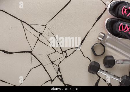 Équipement d'entraînement installé sur un sol fissuré avec haltères et bouteille d'eau Banque D'Images