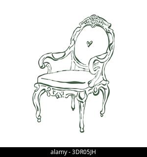 Fauteuil vintage classique. Chaise en bois sculpté. Intérieur romantique. Styles baroque et rococo. Mobilier rembourré classique. Clipart de contour vectoriel vert. Illustration rétro dessinée à la main. Illustration de Vecteur