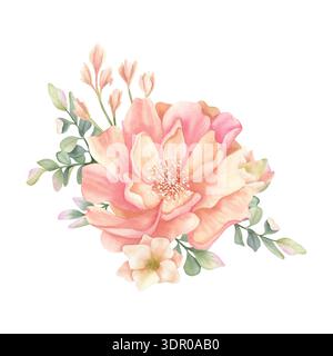 Composition de printemps pivoine avec freesia, arrangement délicat d'aquarelle florale avec des fleurs vintage. Couleur pastel botanique belle isolé Banque D'Images