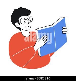 Le jeune homme en lunettes lit un livre. Doodle Vector illuustration pour les clubs de livre, les blogs d'éducation, les campagnes de bibliothèque, style de vie confortable. Illustration de Vecteur