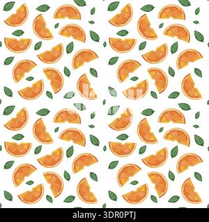 Illustration numérique de motif de tranche orange sans couture avec des tranches d'agrumes brillantes avec des feuilles vertes. Répétition de fond de fruits tropicaux dans moderne Banque D'Images