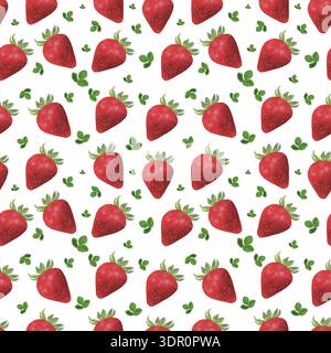 Illustration numérique de motif de fraise sans couture avec des baies rouges fraîches et des feuilles vertes. Fond de fruits botaniques répété dans un style plat moderne. I Banque D'Images