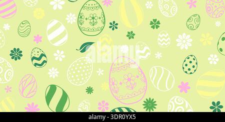 Fond de Pâques avec des œufs et des fleurs vert pastel, rose, jaune et blanc sur fond vert clair. Illustration de Vecteur