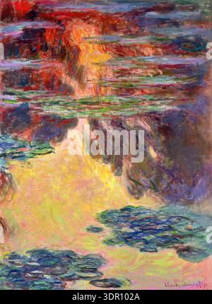 Claude Monet 'Waterlys' 1907 toile à l'huile Giverny surface de l'étang gros plan lys reflets de ciel Illustration de Vecteur