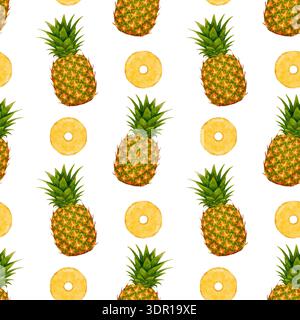 Anneaux d'ananas motif de répétition aquarelle idéal pour le textile, le papier peint, la papeterie et l'emballage. Des ananas régulièrement espacés et des anneaux tranchés sur toile blanche propre produisent un motif aquarelle dessiné à la main sans couture. Banque D'Images