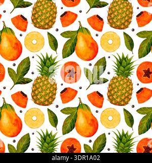 Aquarelle motif de fruits tropicaux avec tranches de papaye d'ananas et anneaux d'ananas, feuilles vertes et graines dispersées. Brillant vibrant composition peint à la main motif sans couture dessiné à la main aquarelle Banque D'Images