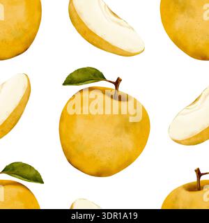 Tranches d'aquarelle de pomme dorée, palette d'automne chaude, esthétique de la ferme à la table pour l'emballage saisonnier, illustrations de recettes et décor de cuisine confortable avec motif sans couture d'aquarelle dessiné à la main de texture naturelle Banque D'Images