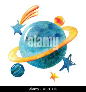 Illustration aquarelle colorée d'une planète avec des anneaux et des étoiles représentant un thème spatial fantaisiste sur un fond blanc. Banque D'Images