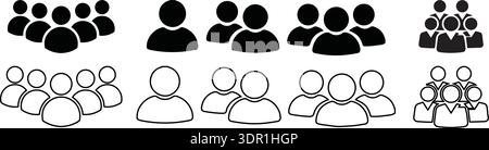 Icônes de groupe d'utilisateurs : une seule personne, deux, trois, quatre personnes dans les styles de contour et solide Illustration de Vecteur