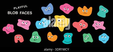 Personnages Blob abstraits ludiques avec des visages mignons Illustration de Vecteur