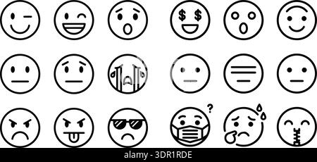 Icônes émoticônes définies. Collection emoji faces. Emojis style plat. Heureux heureux heureux, sourire, émoji neutre, triste et en colère. Visage de smiley de ligne - vecteur stock Illustration de Vecteur