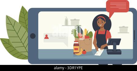 Femme caissière souriante affichée sur un écran de smartphone avec un sac d'épicerie plein de légumes et de fruits frais, symbolisant les achats en ligne, les clients s. Illustration de Vecteur