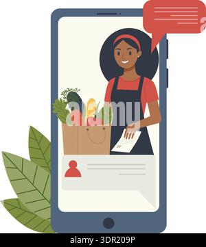 Femme caissière souriante affichée sur un écran de smartphone avec un sac d'épicerie plein de légumes et de fruits frais, symbolisant les achats en ligne, les clients s. Illustration de Vecteur